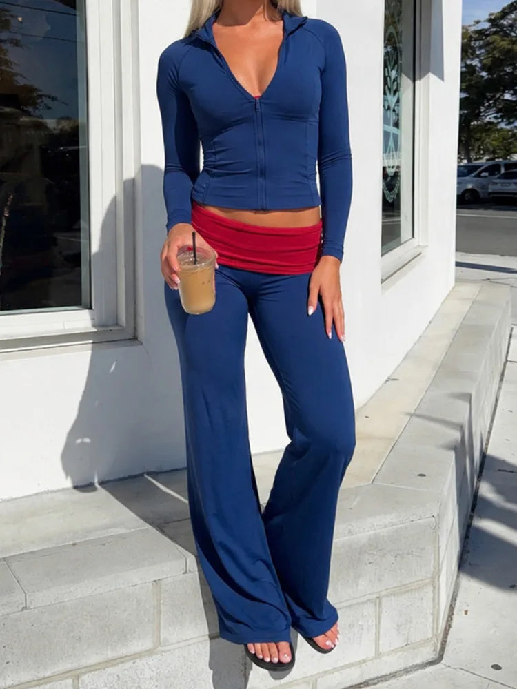 Navy Blue Long Sleeve V-Neck Top and Wide Leg Pants Set