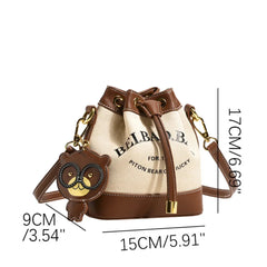 Embroidered Bear Canvas Drawstring Bucket Bag