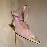 Pink lace pointed toe stiletto heel with ankle strap and gold toe cap