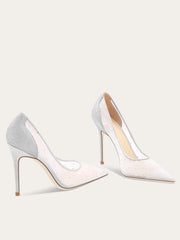 White high-heeled shoes with gray accents on a white background