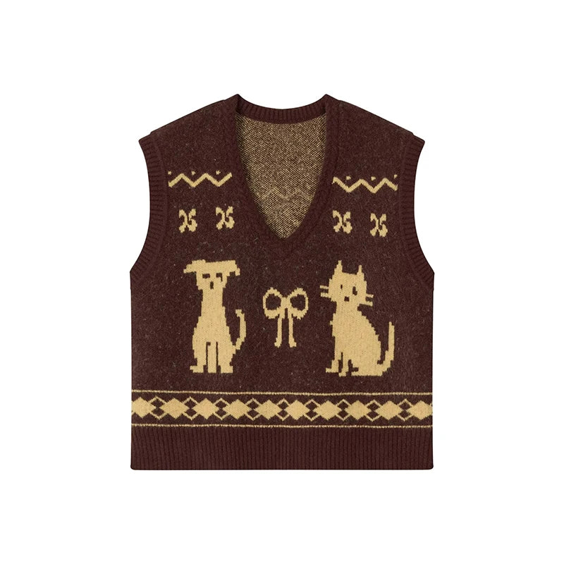 Brown sweater vest with cat and dog patterns on a white background