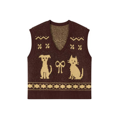 Brown sweater vest with cat and dog patterns on a white background