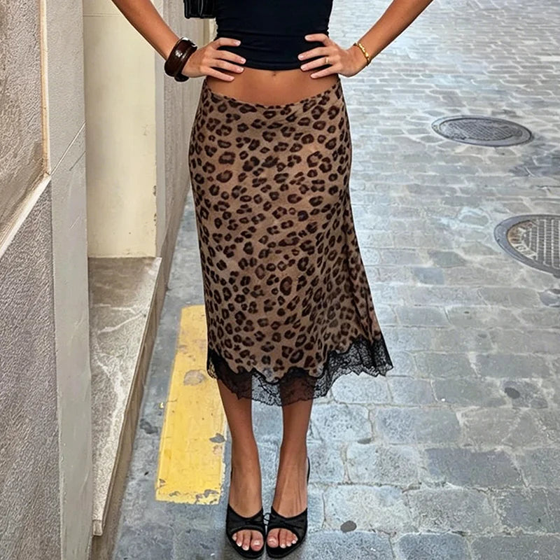 Leopard print midi skirt with lace trim detail