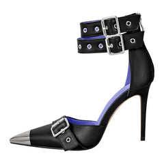 Side view of black pointed toe buckle ankle strap heels