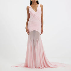 Ruched V-Neck Sheer-Hem Maxi Dress