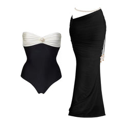 Black and white bandeau swimsuit with pearl detail and black ruched maxi skirt