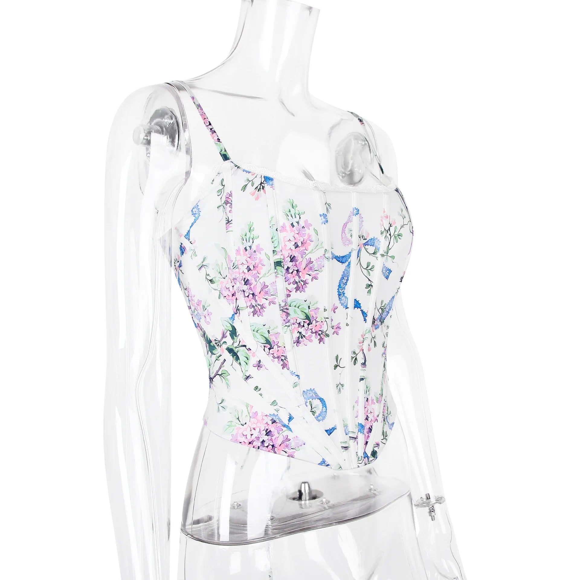 Clear plastic mannequin wearing a floral-patterned swimsuit on a white background