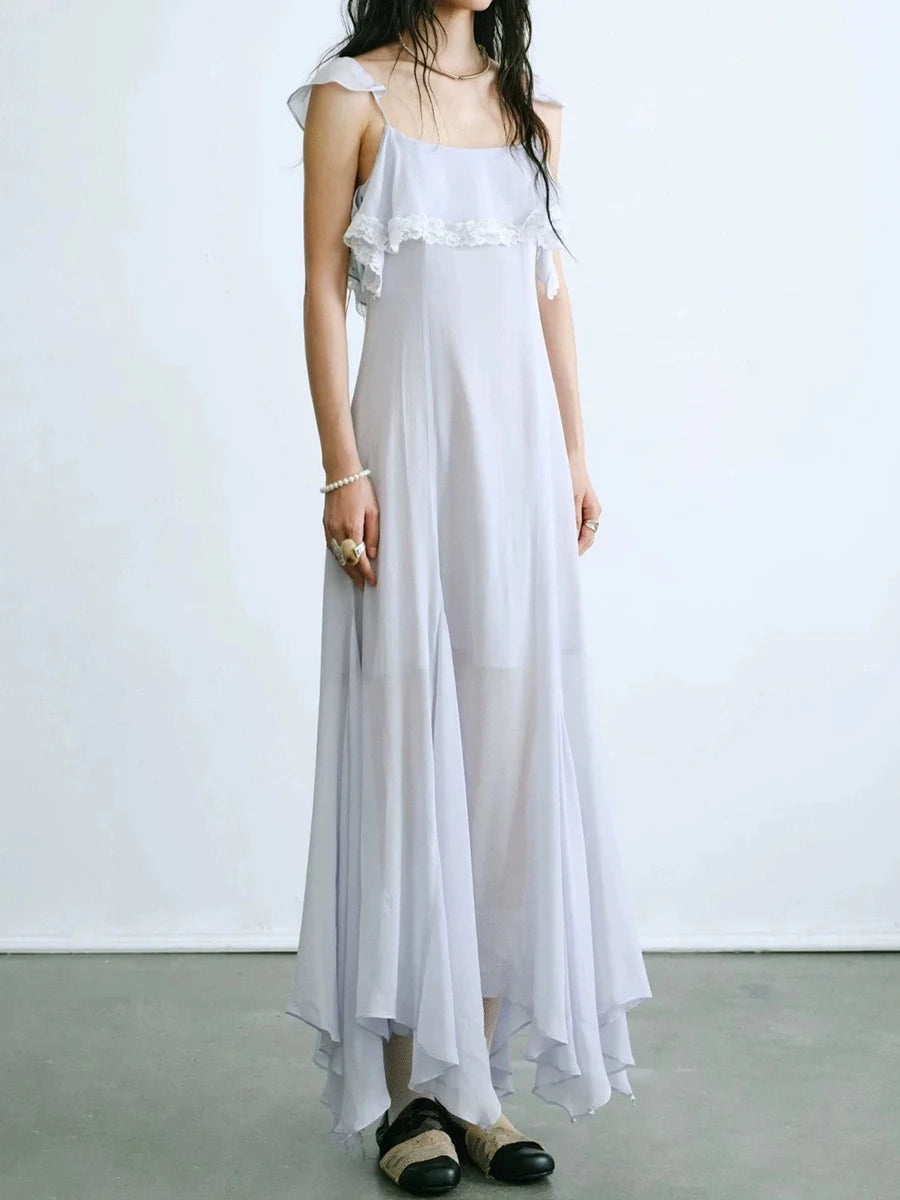 Light purple ruffled lace trim maxi dress front view