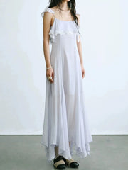 Light purple ruffled lace trim maxi dress front view