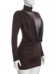 Mesh Patchwork Turtleneck Cowl Neck Mini Dress