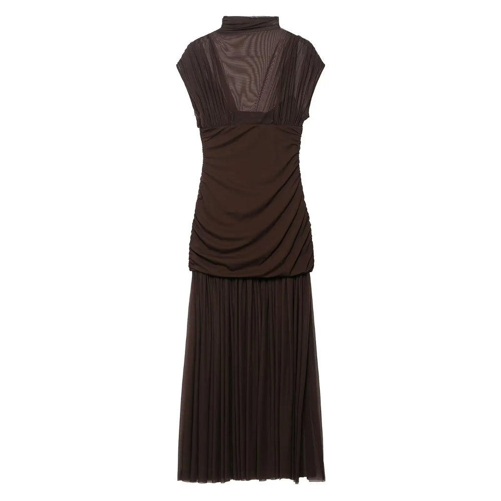Brown dress with pleated design on a white background