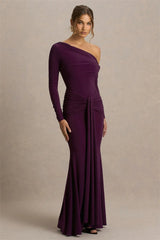 One Shoulder Ruched Long Sleeve Maxi Gown