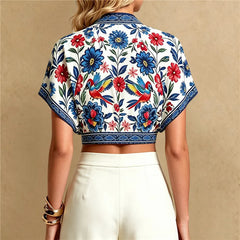 Floral Bird Print V Neck Tie Front Top