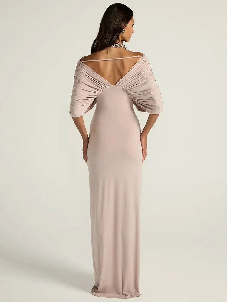 Apricot draped off-shoulder ruched maxi dress back view
