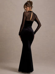 elegant velvet evening gown styled for formal event