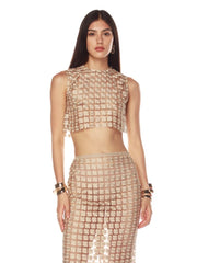 Gold Textured Hollow Out Design Cropped Top and Maxi Skirt Set