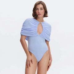 Ruched Cape Sleeve Keyhole Cut Out Bodysuit