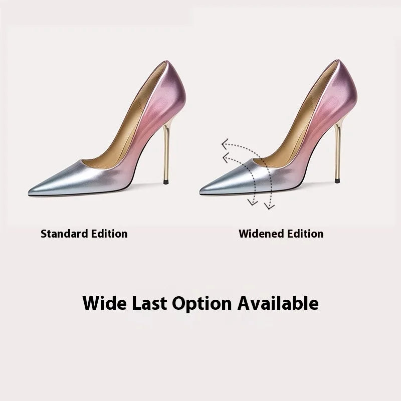 Two high-heeled shoes, one standard and one widened, on a light background.