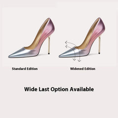 Two high-heeled shoes, one standard and one widened, on a light background.
