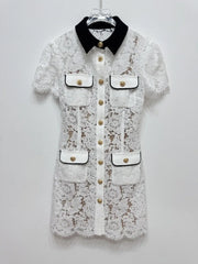 White Lace Short Summer Dress with Black Collar – Embroidered Fit & Flare Pocket Dress