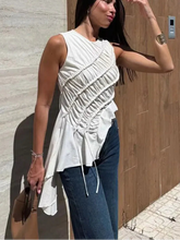 Asymmetrical ruched sleeveless top front view
