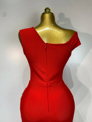 Red Rhinestone Embellished One Shoulder Draped Maxi Dress