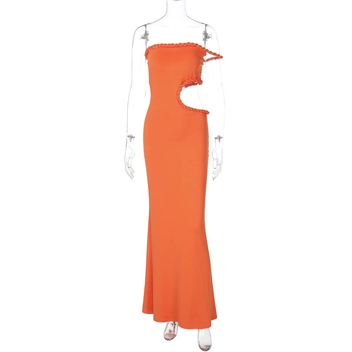 Orange strapless dress on a mannequin against a white background