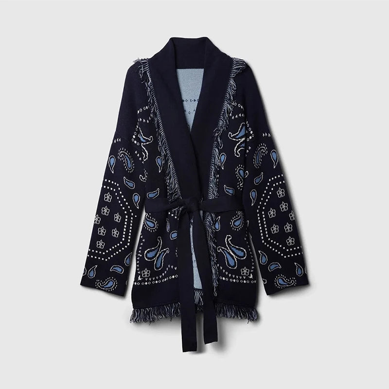 Navy blue patterned robe on a light gray background