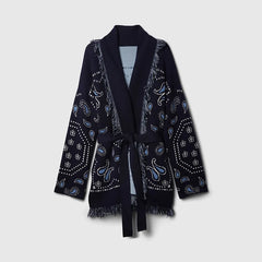 Navy blue patterned robe on a light gray background