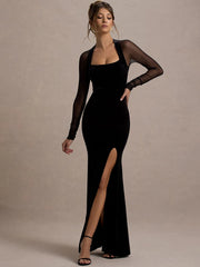 square neck black evening dress with sheer sleeves
