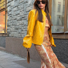 Snake Print Yellow Zip Biker Jacket