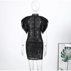 Sheer Mock Neck Lace Mini Dress