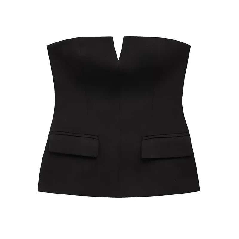 Black strapless top with a V-neckline