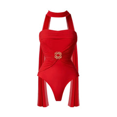 Red bandeau swimsuit with scarf detail isolated