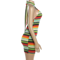 Striped Knit Halter Backless Mini Dress