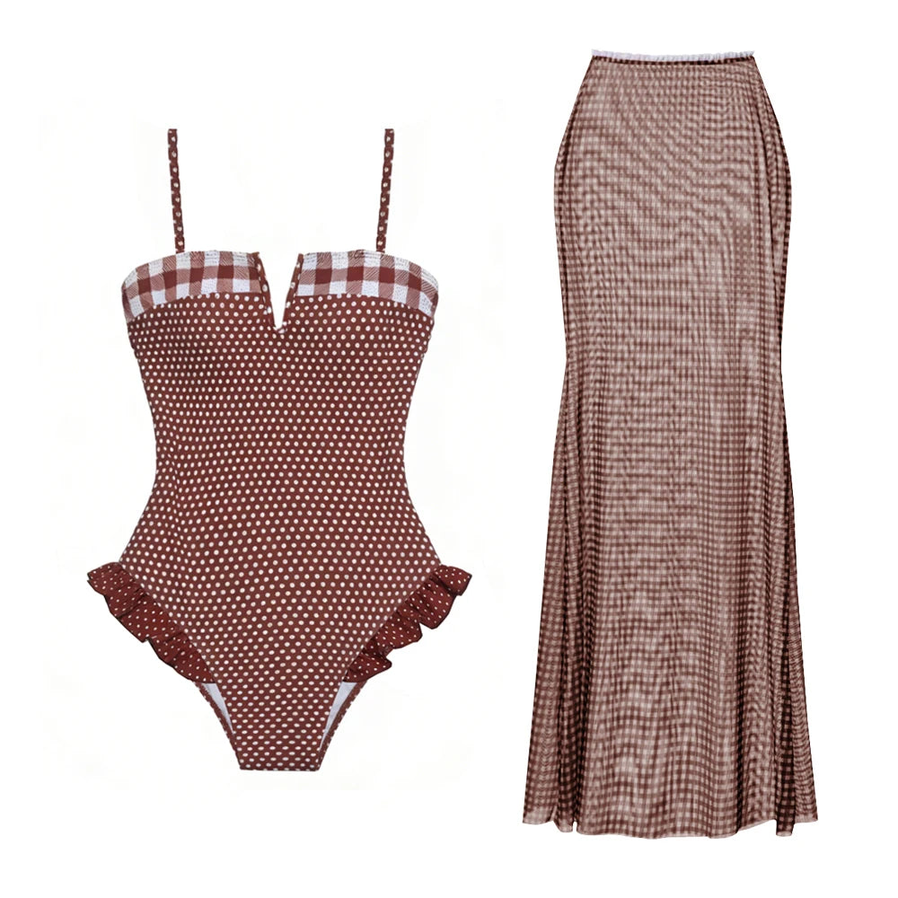 Polka dot and gingham one-piece swimsuit with ruffled trim and a matching maxi skirt