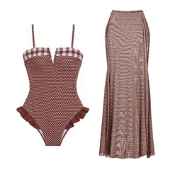 Polka dot and gingham one-piece swimsuit with ruffled trim and a matching maxi skirt