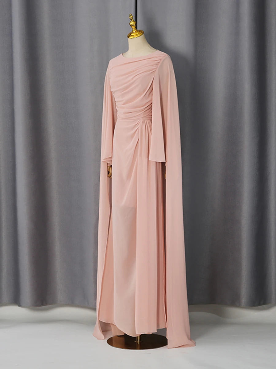 Draped chiffon cape sleeve maxi dress mannequin front view