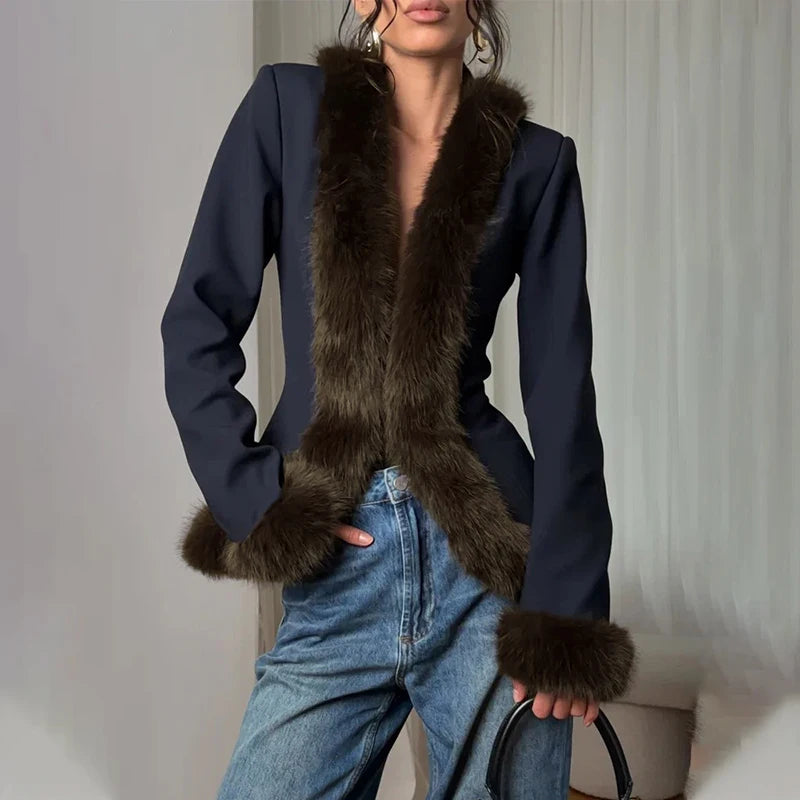 Fur trim v-neck jacket and mini skirt set with denim