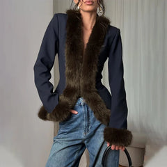 Fur trim v-neck jacket and mini skirt set with denim