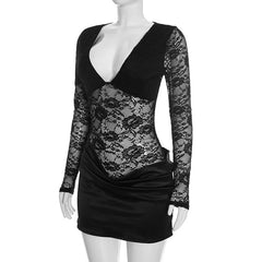 Sheer Lace V-Neck Long Sleeve Mini Dress