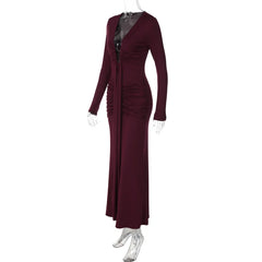 Long Sleeve Bodycon Deep V Neck Draped Maxi Dress