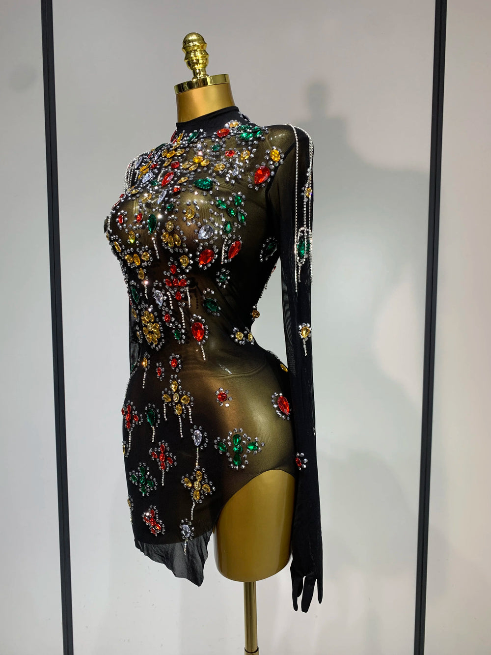 Form-fitting Mesh Full Sleeve Crystal Embellished Mini Dress