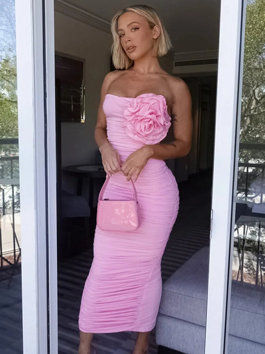 3D Flower Strapless Off-shoulder Ruched Long Pink Dress