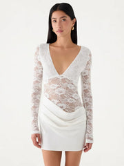 Sheer Lace V-Neck Long Sleeve Mini Dress