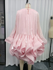 O-Neck Ruffled Organza Mini Dress with Bell Sleeves