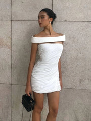White Slash Neck Ruched Bodycon Mini Dress