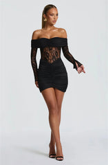 Off-shoulder Lace See Through Long Sleeve Ruched Mini Dress