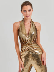 Gold Sequin Sleeveless V Neck Wide Leg Jumpsuit