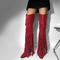 Fringed pointed toe heeled boots on model